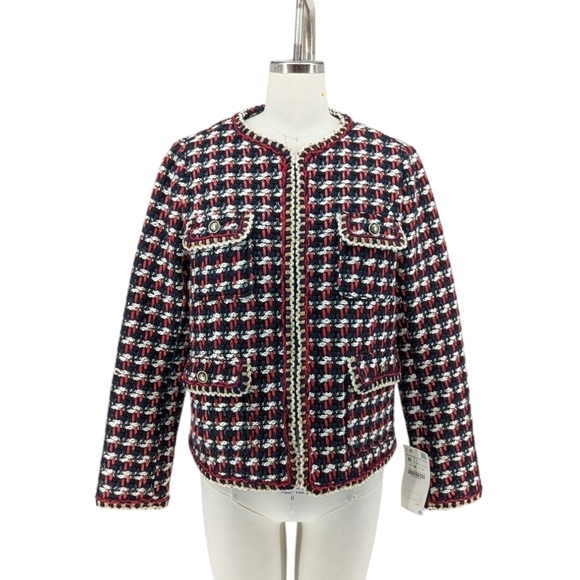 NWT Zara Plaid Boxy Tweed Jacket Black Red M preppy french business causal fall - Picture 1 of 8
